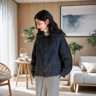 翻领羊毛衫毛衣外套女短款开衫宽松大码加厚粗线宽松慵懒风秋冬