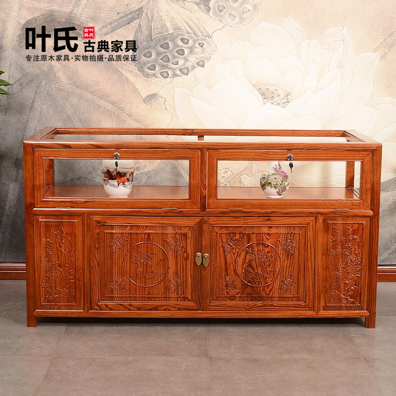 明清仿古典全实木玻璃展示架南榆木二门珠宝柜中式双面雕花手饰柜