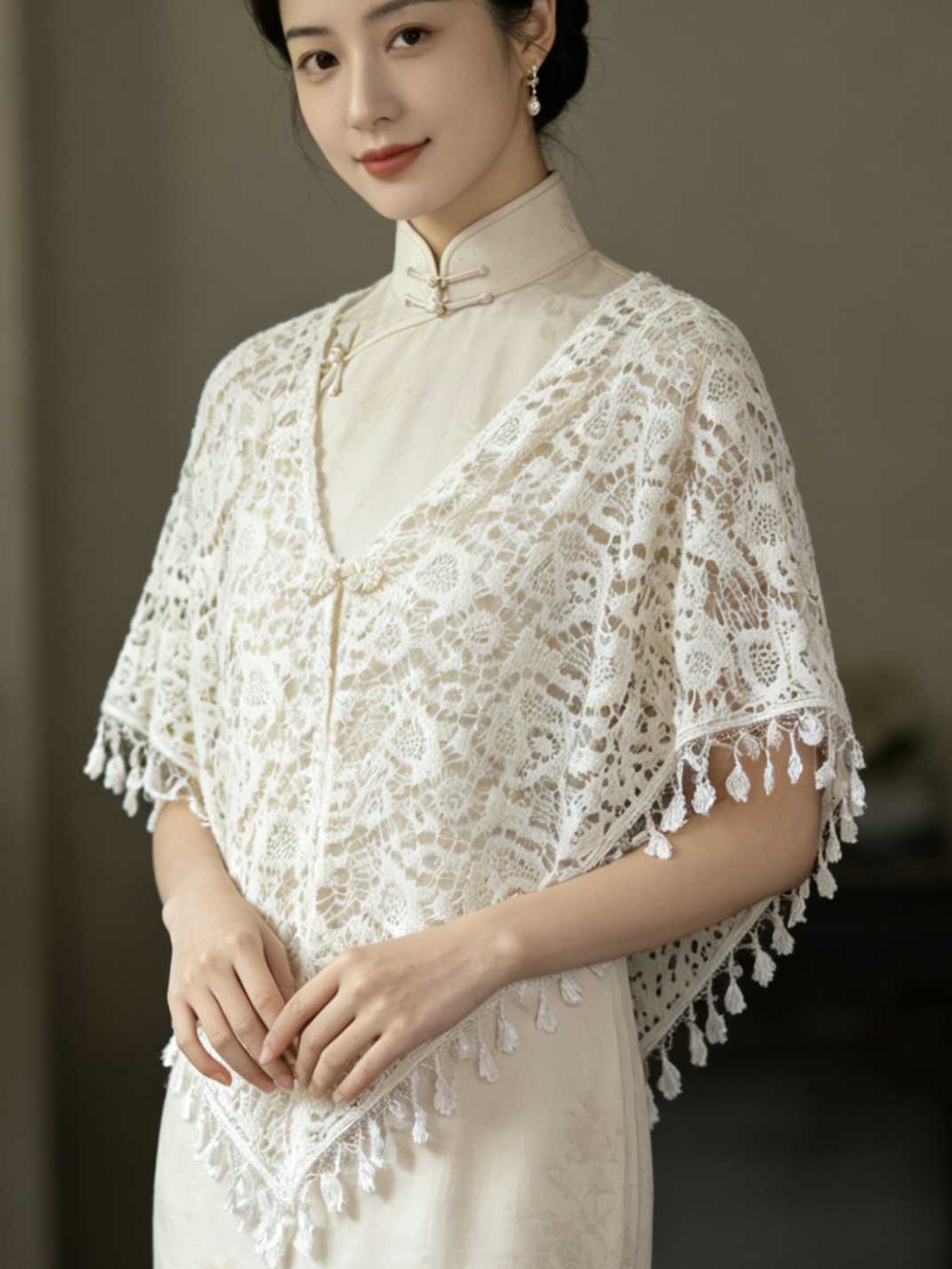 配旗袍披肩女外搭开衫2026新款夏薄款流苏云肩蕾丝新中式外披斗篷
