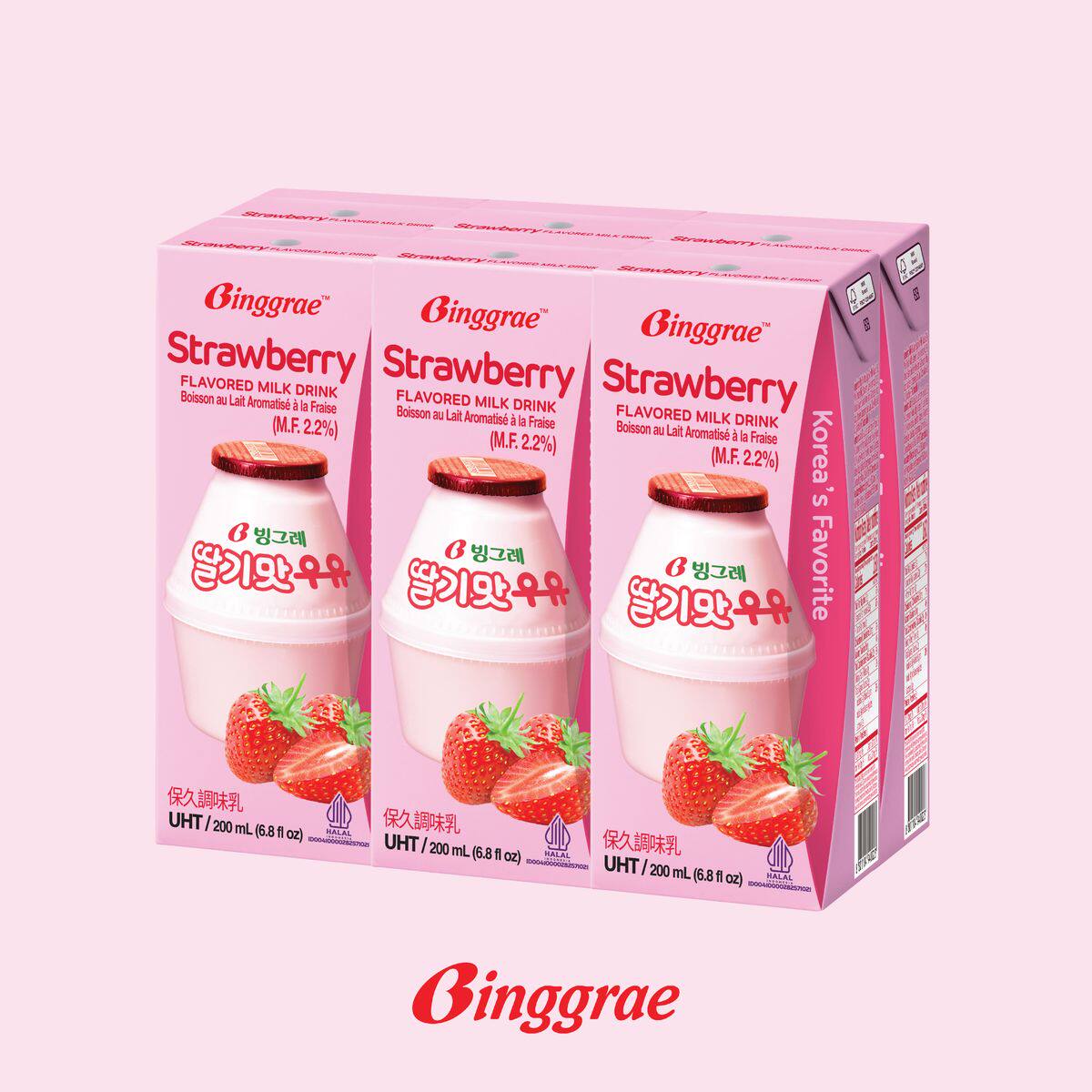 Binggrae 韩国士多啤梨牛奶6包采用新鲜脱脂牛奶制成士多啤梨口味