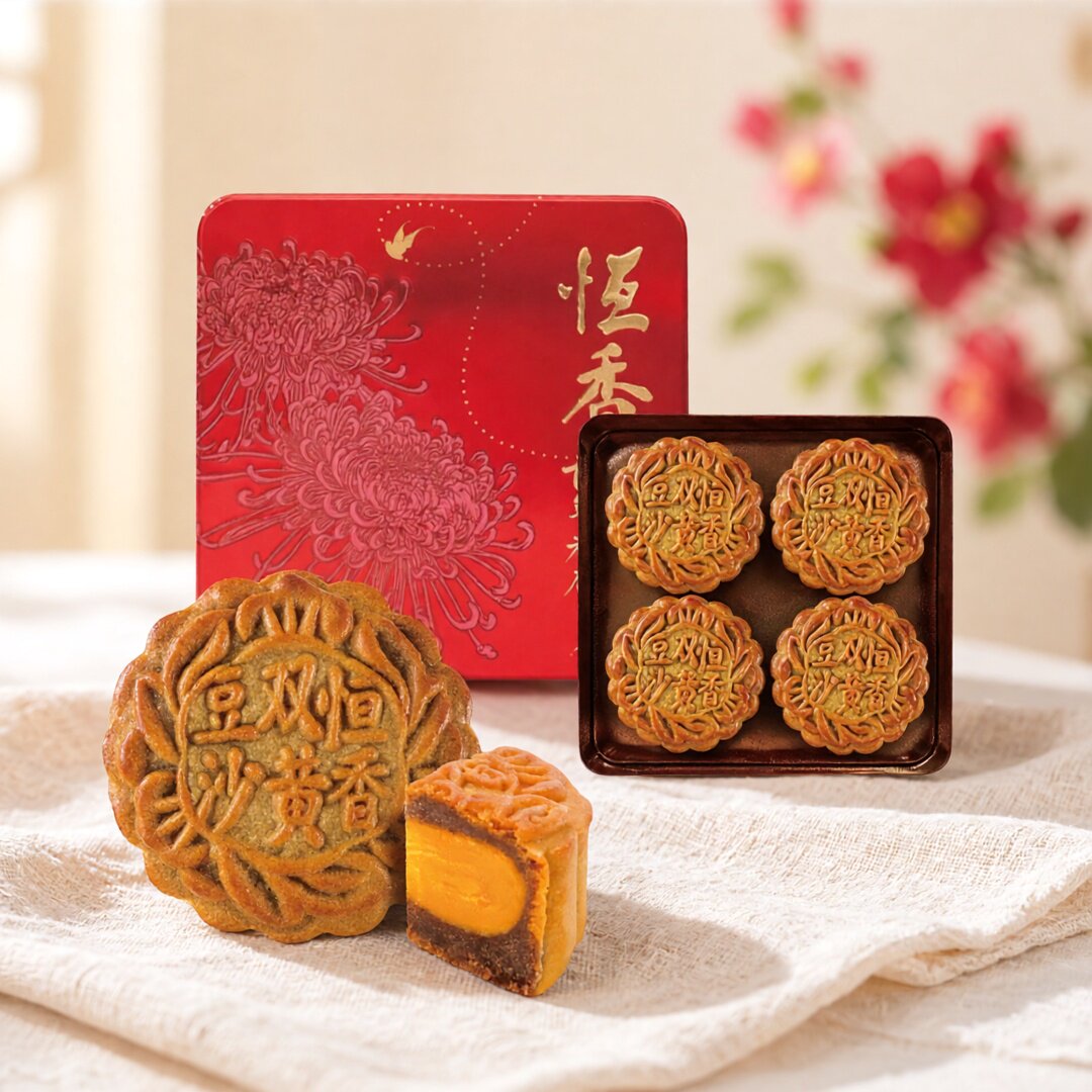 双黄红豆沙月饼4件装包装中秋送礼广式月饼高端礼品盒进口