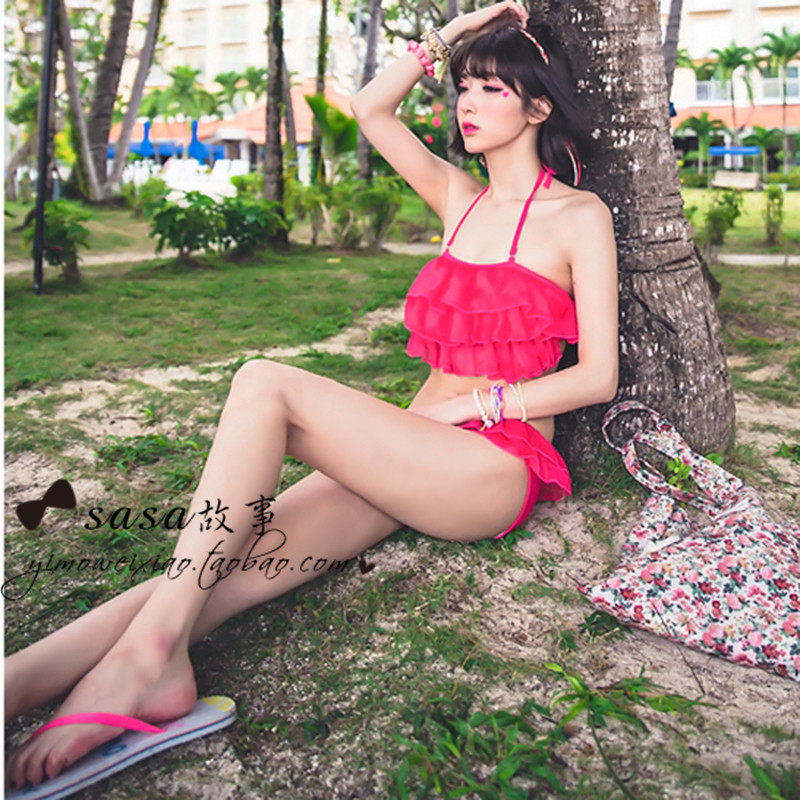 玫红色的回忆-sasa故事小胸聚拢钢托比基尼显瘦温泉游泳衣泳装 女