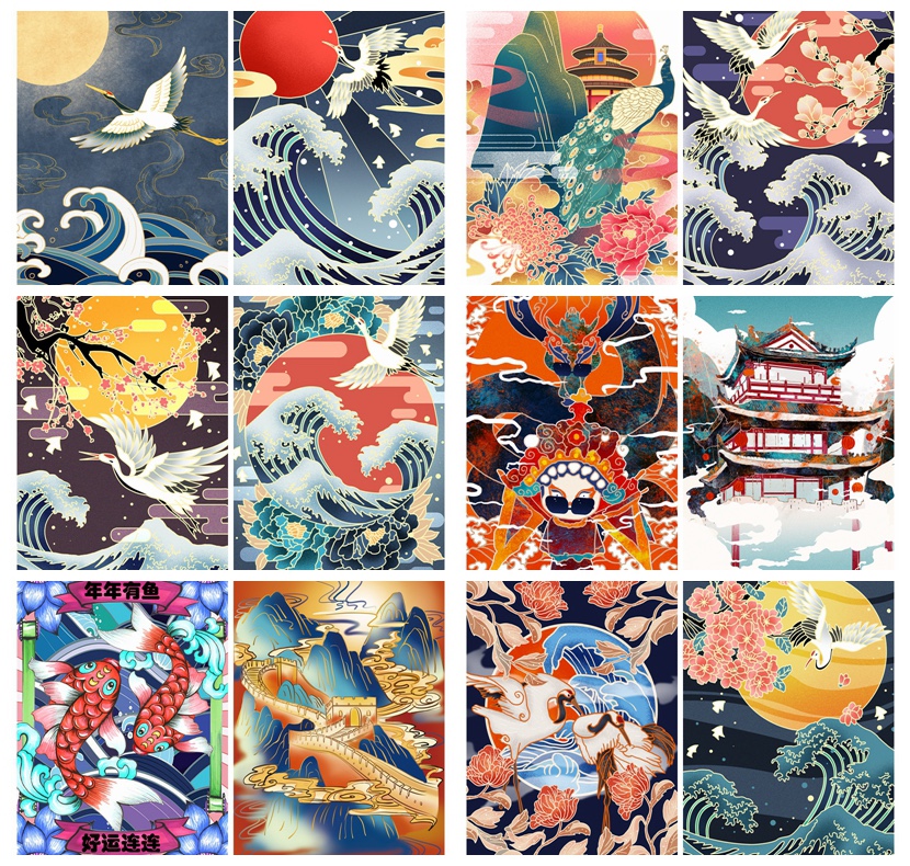 中国风手绘国潮云海神话仙境楼阁鲤鱼仙鹤海浪插画psd
