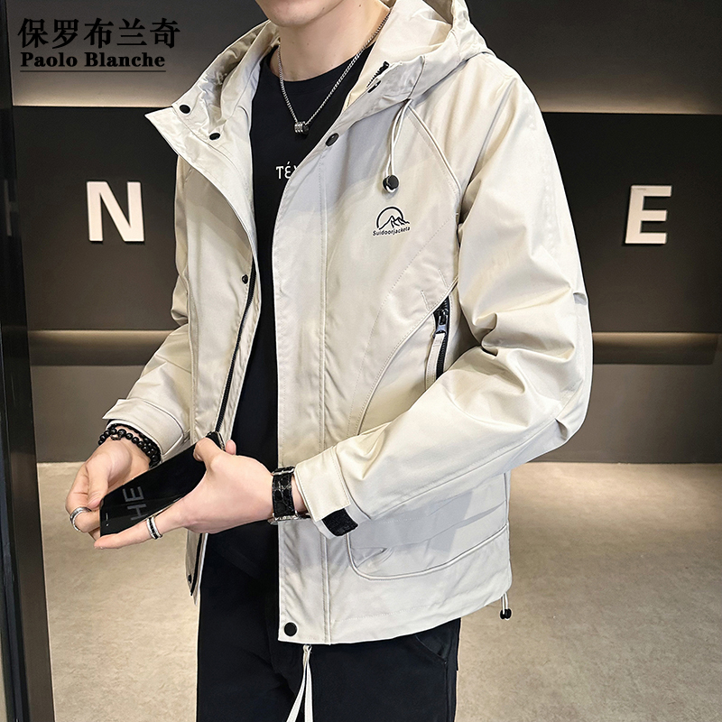 保罗男士春秋新款休闲夹克衫宽松大码男装外套潮款时尚连帽茄克服