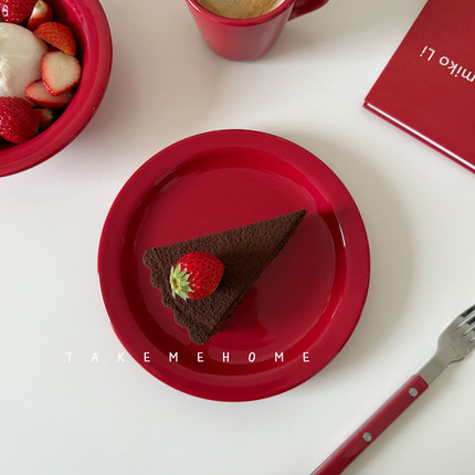 takemehome新年喜庆红盘子圣诞春节中国红餐具7寸盘子咖喱意面盘