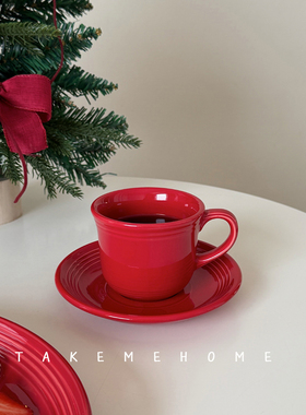 takemehome红色咖啡杯碟套装节日喜庆新年圣诞春节中国红杯子餐具
