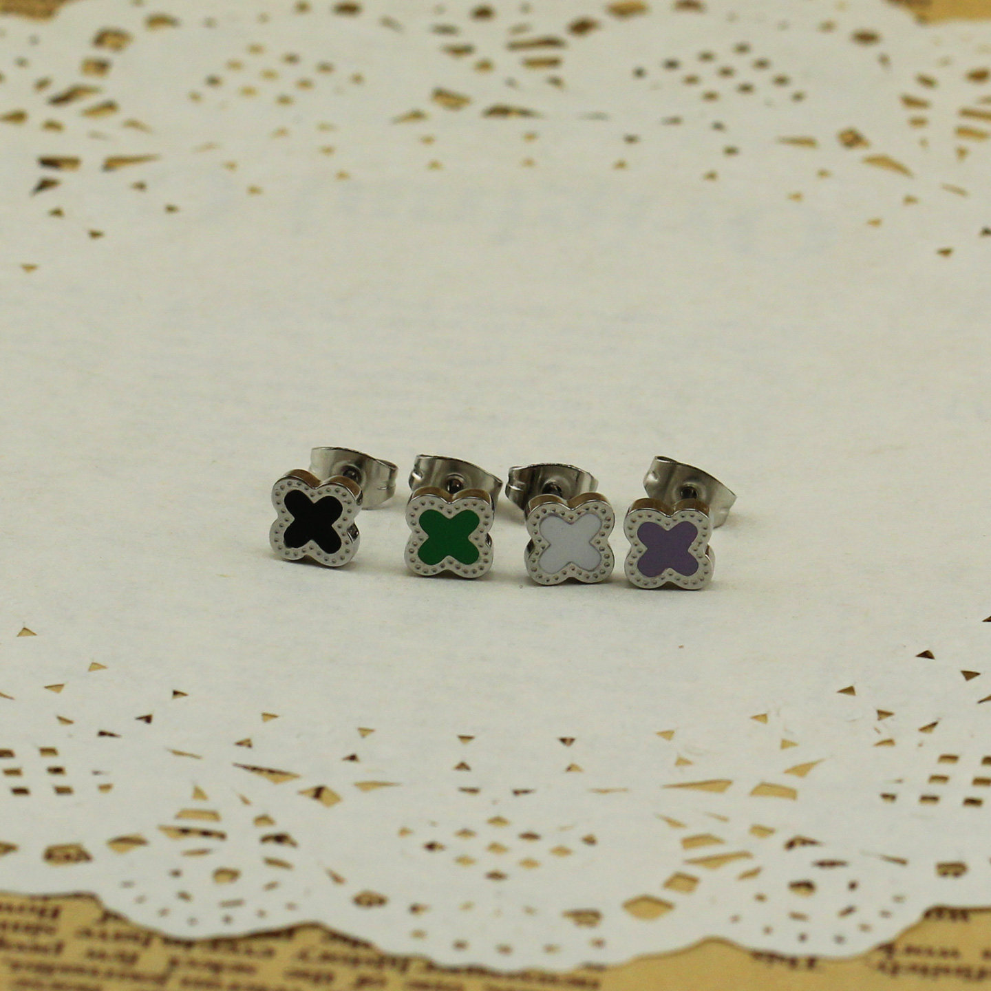 韩国韩版银色气质四叶草耳钉女 钛钢14K玫瑰金防过敏耳环耳饰品女