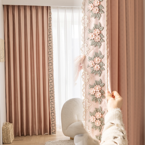 法式轻奢涤纶全遮光布送花边窗帘