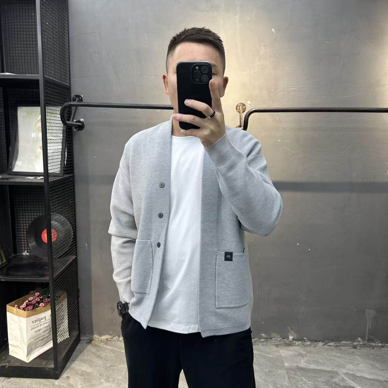 肌理感轻熟V领针织开衫外套男2025秋季新款毛衣纯色长袖休闲夹克