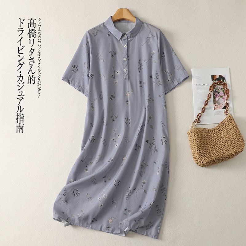 文艺清冷印花中长款气质连衣裙女翻领中袖衬衫裙子POLO领子过膝