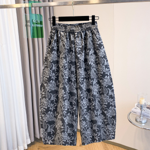 花裤 复古重工提花棉麻阔腿裤 薄款 休闲九分裤 子 女松紧腰显瘦直筒裤