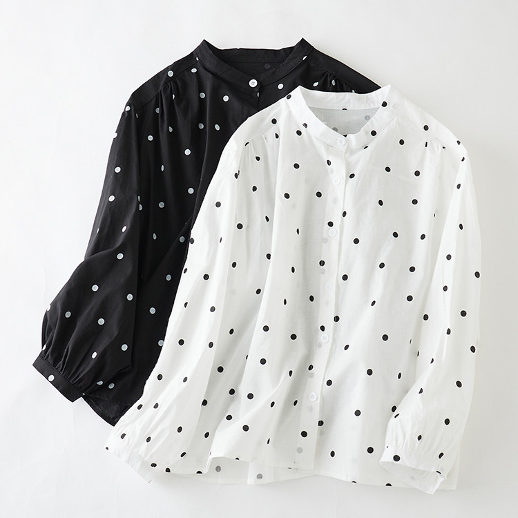 折扣棉质舒适波点立领开衫纽扣衬衫长袖百搭衬衫圆点开衫上衣小衫