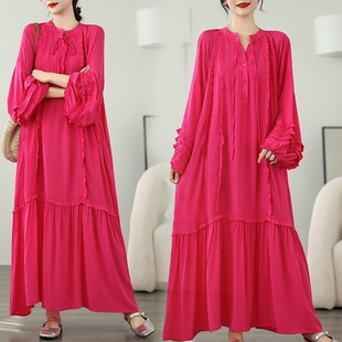 足尺寸棉质垂感好质量过膝长裙子胖mm宽松长袖 过膝连衣裙女 大码