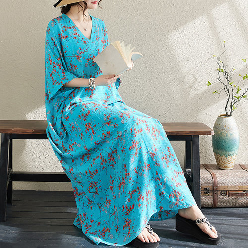 薄款夏季花色度假风旅游V领复古长裙遮肉棉麻连衣裙柔软舒适过膝