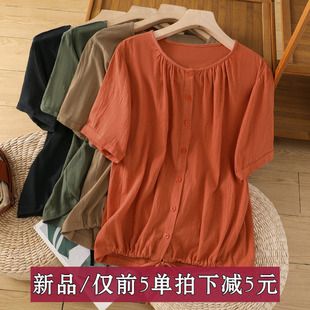 复古抽绳摆砂洗进口亚麻上衣女圆领短袖开衫纯色气质衬衫T恤衫
