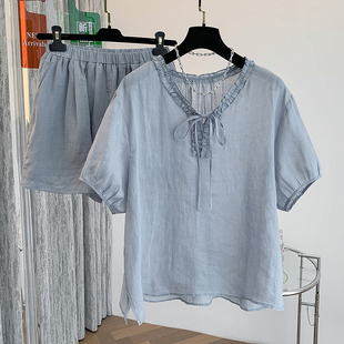 微透巨好看一整套两件套清纯系松弛感苎麻混纺套装T恤衫短裤折扣