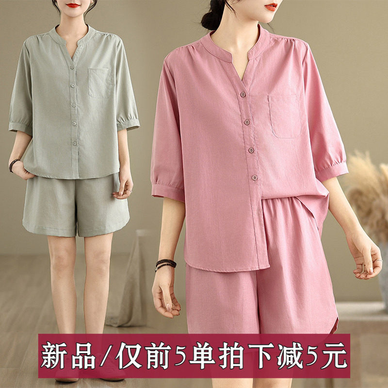 休闲棉麻衬衫套装女夏季新款文艺百搭阔腿短裤上衣搭配两件套纯色