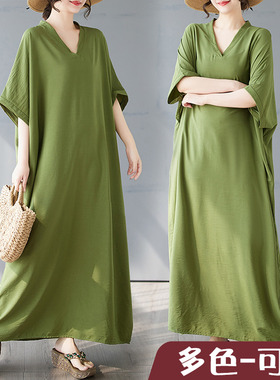 绿色纯色过膝加肥加大舒适 度假风旅游V领复古长裙遮肉棉麻连衣裙