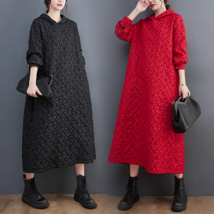 捡漏宽松时尚 卫衣连衣裙子纯色百搭过膝 提花工艺简约连帽中长款