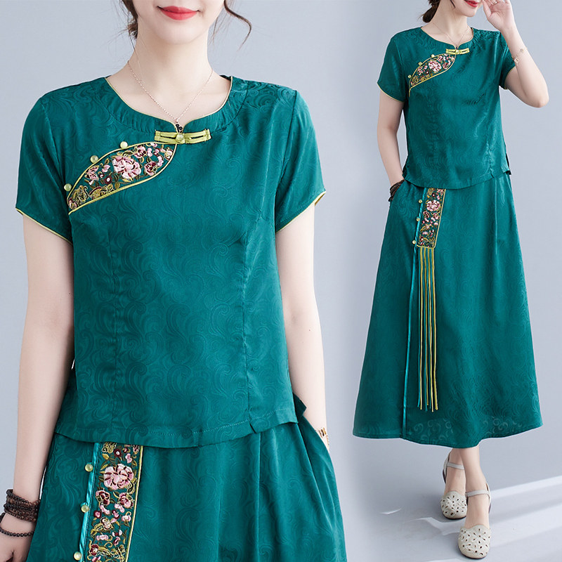 时尚改良旗袍连衣裙女夏季新款中长款提花民族风两件套套装裙中式,女装/女士精品,其它制服/套装,淘宝优惠券,粉丝福利购,淘宝优惠卷