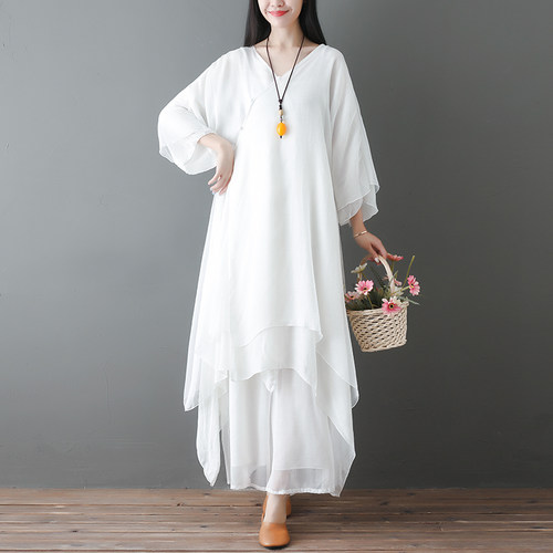 禅舞服装女套装中国风禅意仙女连衣裙茶服禅服2件套白色飘逸团购