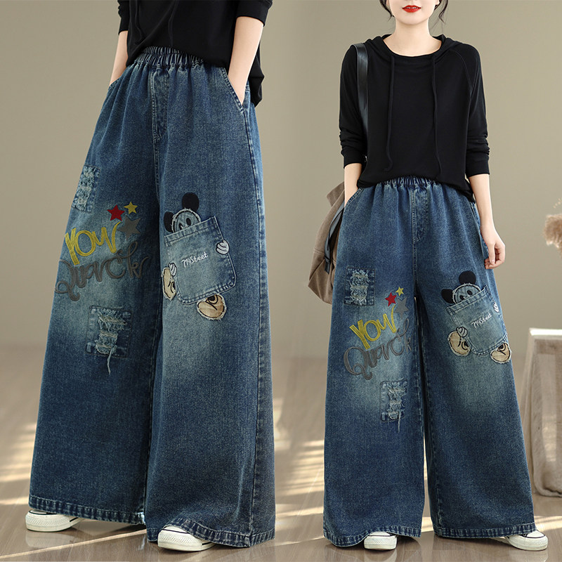 折扣大码牛仔阔腿裤新款重工松紧宽松显瘦休闲百搭牛仔直筒阔腿裤,女装/女士精品,牛仔裤,淘宝优惠券,粉丝福利购,淘宝优惠卷