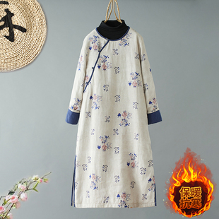 中国风亚麻棉印花旗袍裙折扣冬季斜襟加棉夹棉复古中式棉袍连衣裙
