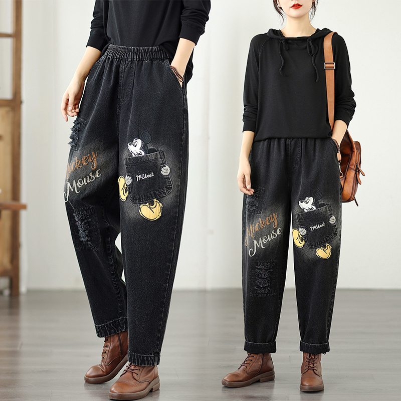 折扣秋款大码宽松休闲时尚文艺百搭绣花哈伦老爹牛仔裤紫卡通印花