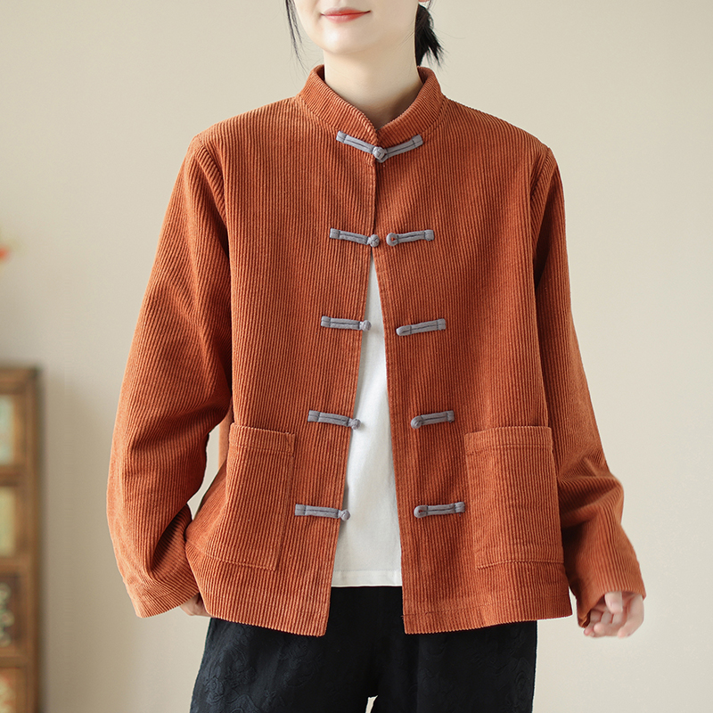 短款中式盘扣上衣女装秋灯芯绒外套民族风对襟唐装立领外套女