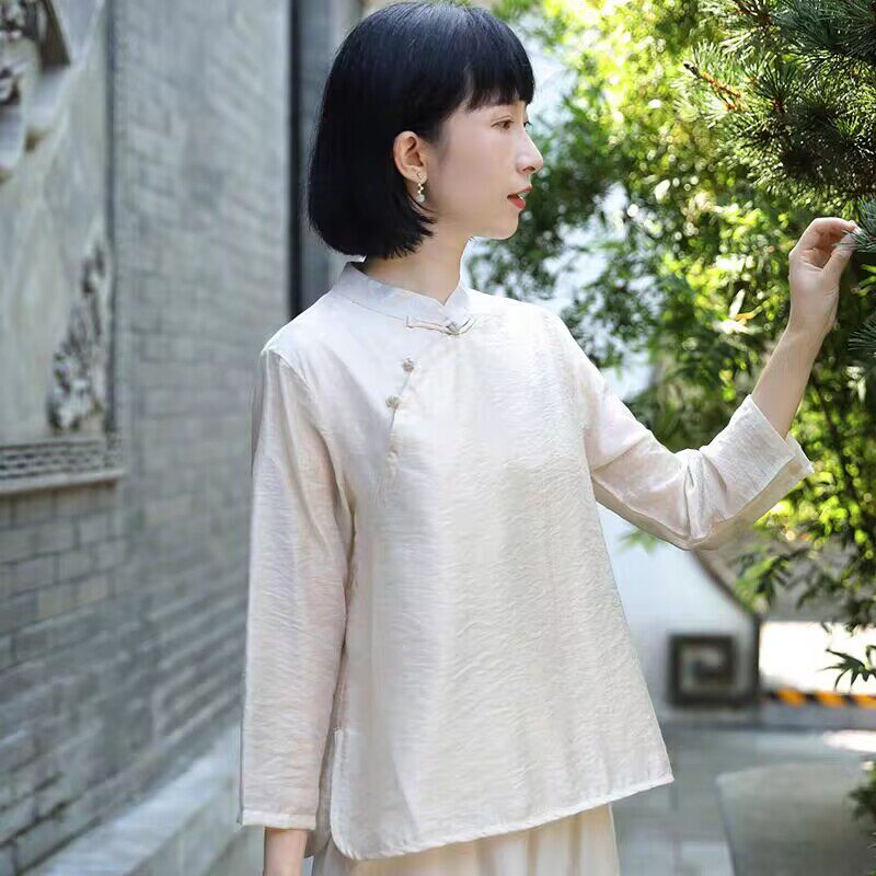 折扣早春夏装旗袍上衣国风女佛系禅意上衣茶服体恤衫衬衫T恤纯色