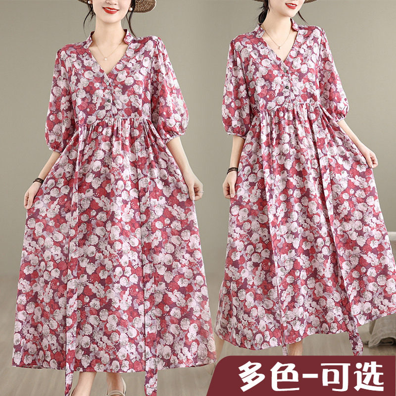 棉麻印花V领宽松大码胖MM连衣裙 红色碎花短袖高腰过膝中长款裙子