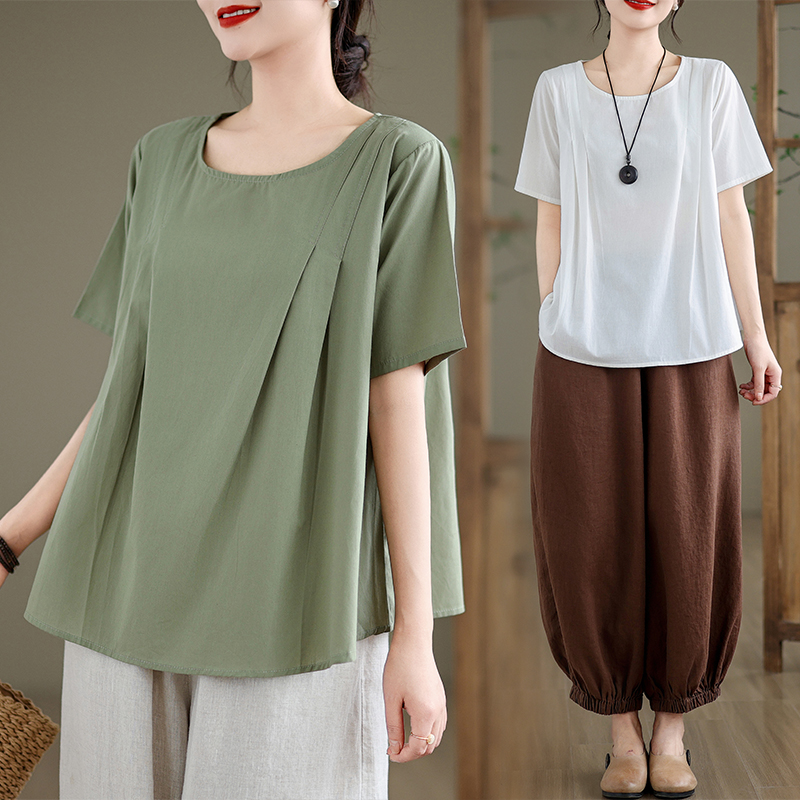 文艺复古棉麻短袖宽松圆领上衣夏季纯色百搭亚麻体恤衫T恤衫净色