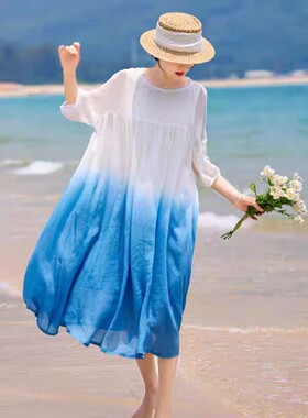 有内衬沙滩裙折扣白色袍子苎麻连衣裙渐变色度假旅行长裙拍照超仙