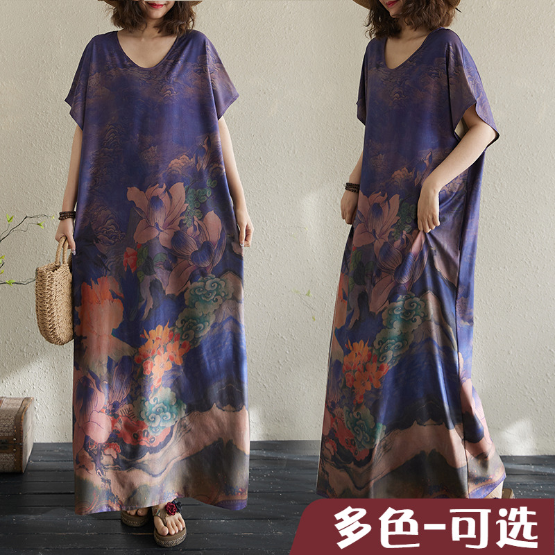 捡漏折扣外贸出口 文艺复古印花休闲大长裙短袖长袍子加大码垂感
