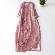 复古国风温婉清冷改良汉服连身裙文艺苎麻印花旗袍禅意茶服新中式