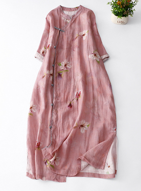 复古国风温婉清冷改良汉服连身裙文艺苎麻印花旗袍禅意茶服新中式