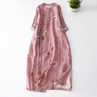 复古国风温婉清冷改良汉服连身裙文艺苎麻印花旗袍禅意茶服新中式