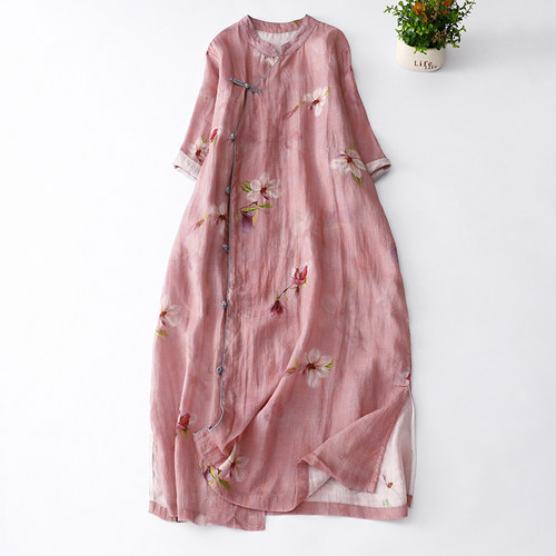 复古国风温婉清冷改良汉服连身裙文艺苎麻印花旗袍禅意茶服新中式
