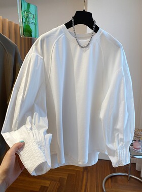 折扣新款宽松白色衬衫拼接卫衣女早秋长袖t恤内搭纯棉打底衫上衣
