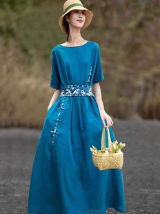 民族风文艺女装棉麻连衣裙折扣夏季新款宽松收腰显瘦气质旅行长裙