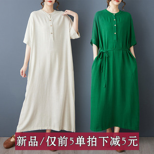 夏季新款洗水麻棉休闲气质垂感亚麻短袖连衣裙子纯色过膝长裙子