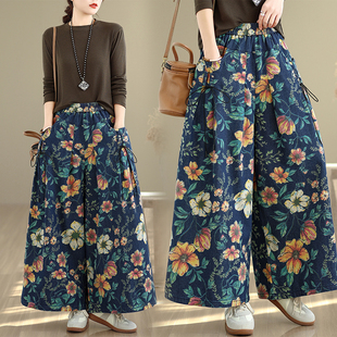 显瘦裙裤 外贸出口复古新中式 休闲个性 宽松大码 女 印花牛仔阔腿裤