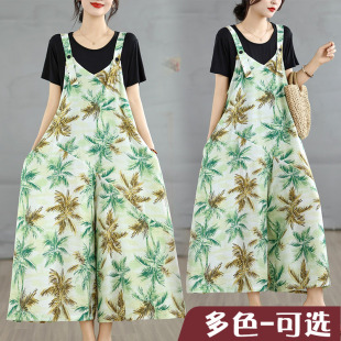 外贸加肥裤腿宽松休闲V领背带裤女夏季显瘦气质宽松阔腿连体裤子
