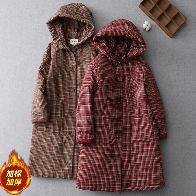 中式复古格子棉衣女冬季新款宽松大码加厚保暖立领夹棉外套中长款