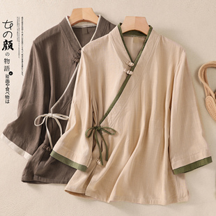 唐装女汉服改良版夏茶人服套装佛系女装禅修服禅意中式上衣斜襟