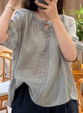 小衫衬衫薄款棉麻灯笼袖五分袖圆领T恤短款上衣森女系亚麻文艺范