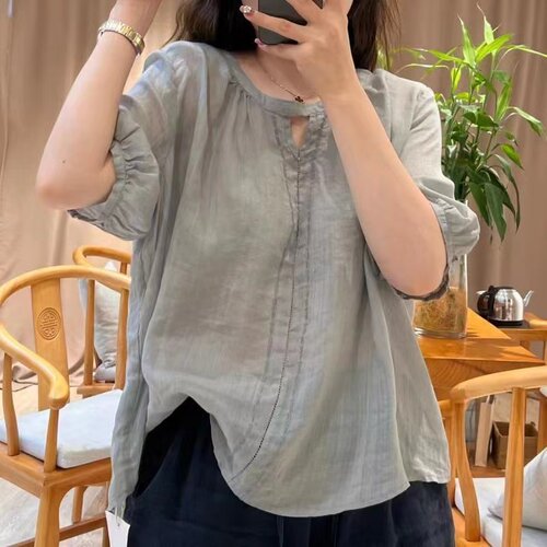 小衫衬衫薄款棉麻灯笼袖五分袖圆领T恤短款上衣森女系亚麻文艺范