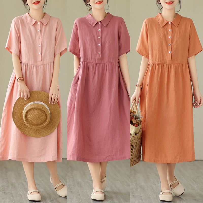 折扣新款亚麻连衣裙女套头短袖中长款纯色棉麻连衣裙子纯色过膝