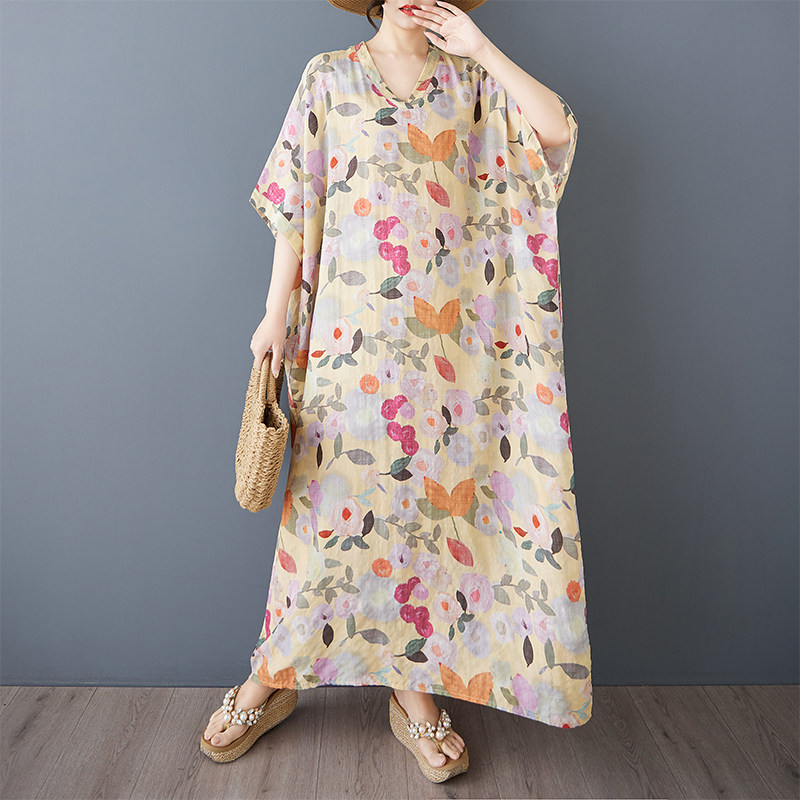 外贸出口夏季花色度假风旅游V领复古长裙遮肉棉麻连衣裙蝙蝠袖子