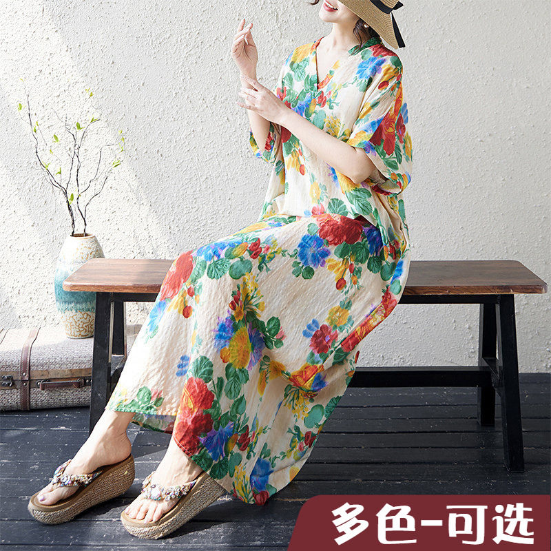 折扣捡漏夏季新款薄棉麻花V领宽松度假风沙滩裙长款文艺女袍子薄